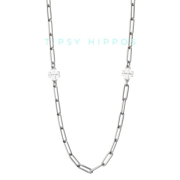 Tory Burch Silver Good Luck Chainlink Logo Necklace - Picture 2 of 9